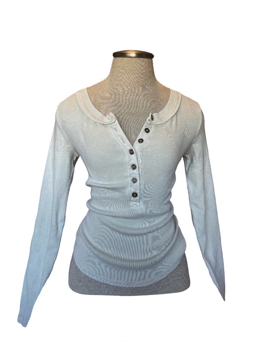 Y2K 2000s J.O.A. Beige Ribbed Knit Henley Button Long Sleeve Top M